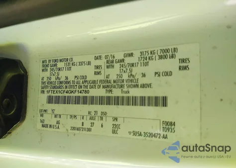 2016 Ford F-150 Xl из США, поврежденный, VIN 1FTEX1CF4GKF14780